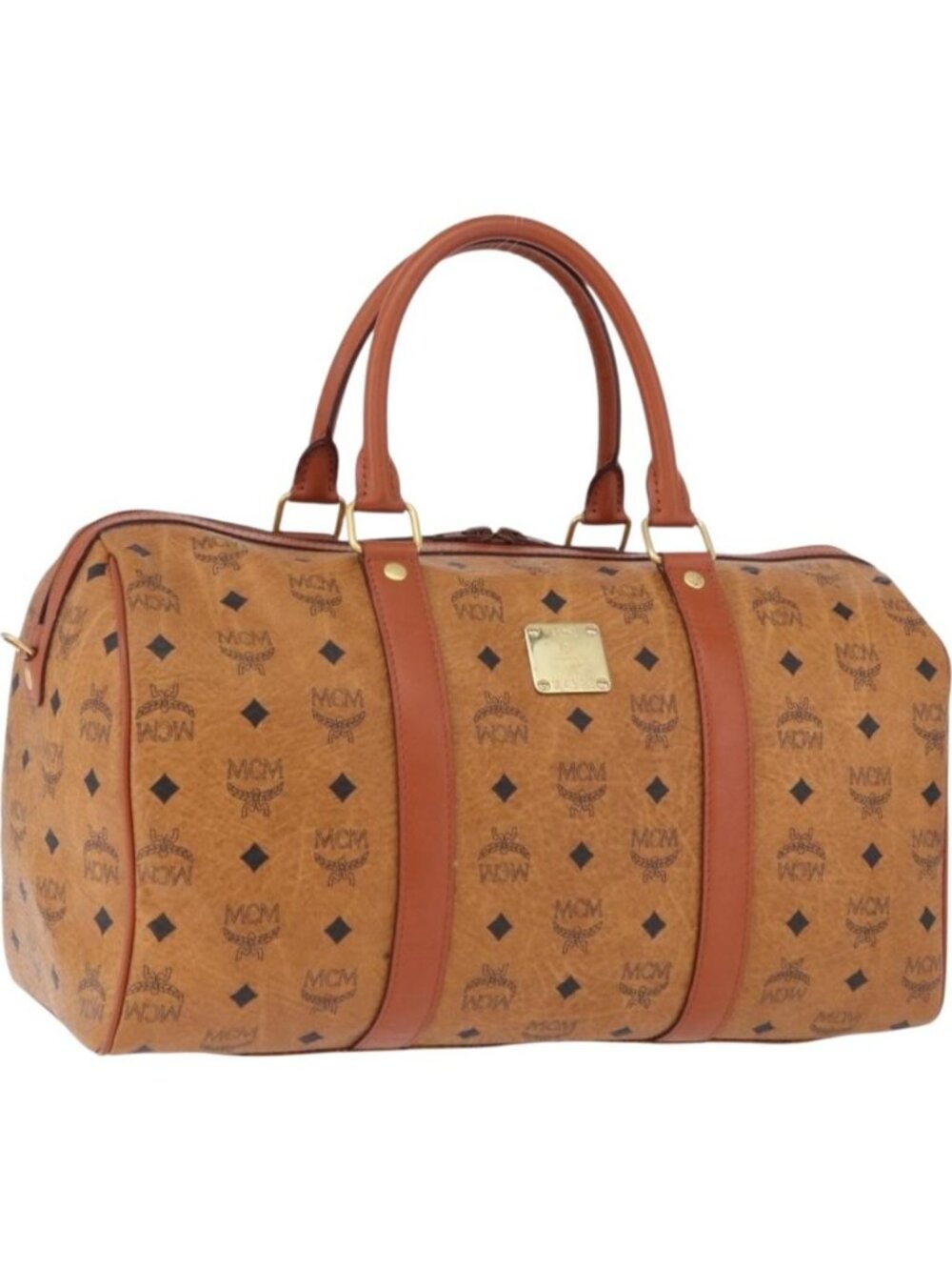MCM Logogram Vicetos Boston Bag PVC Leather Brown Gold